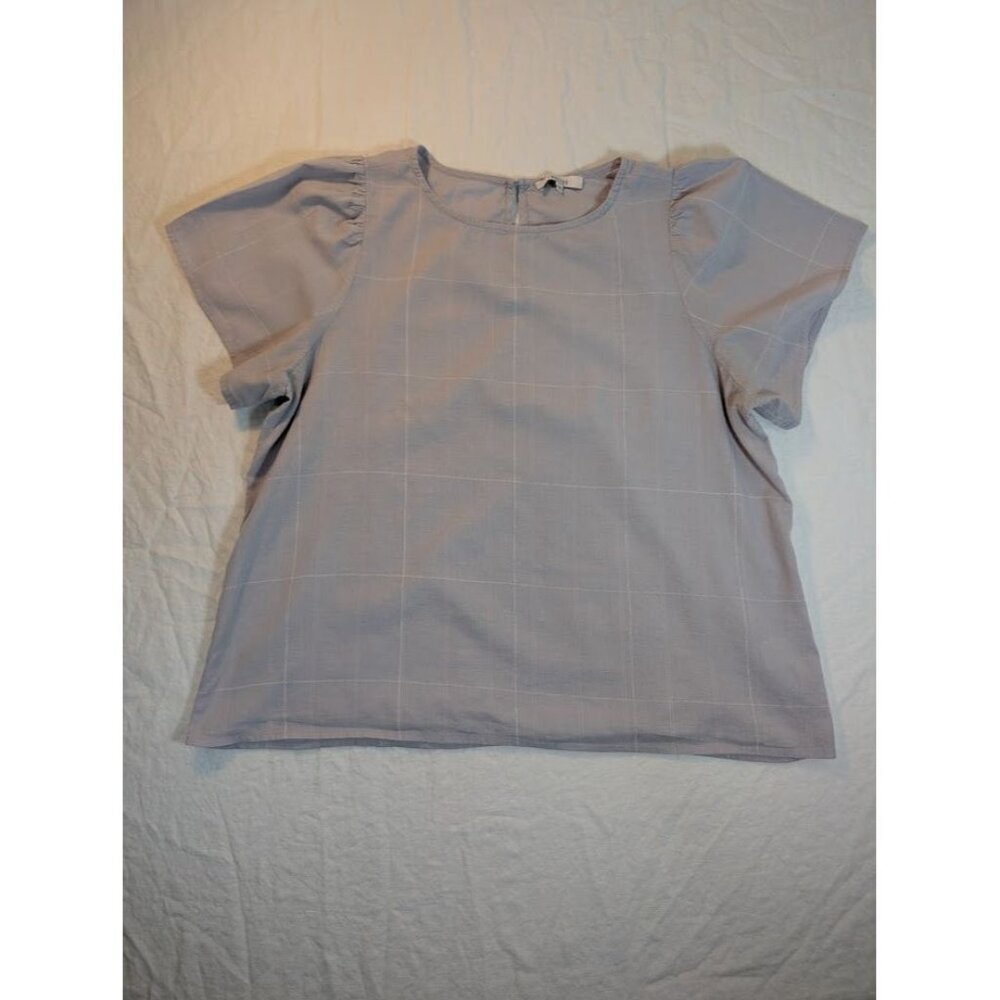 Fun2Fun gray plaid short sleeve bouse women's size Large rayon cotton blend D15